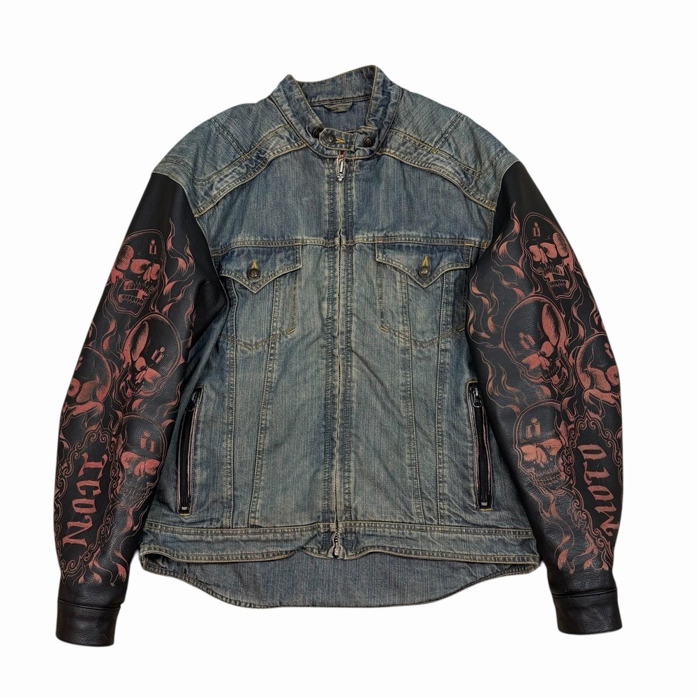 Vintage Strongarm Fate Lined Jacket‎ Icon Moto Skulls Denim Leather Men's Size L